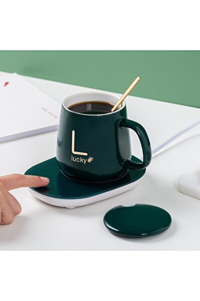 stuffix Cană inteligentă din ceramică pentru cafea, cu capac și linguriță, încălzitor USB, control al temperaturii la 55 de grade, verde