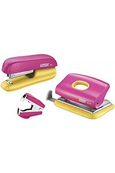 Mena Rise Şirinshop Mini Stapler and Hole Punch Set, Pink/Yellow, 10 Sheets Punching and Stapling Capacity, N ° 10