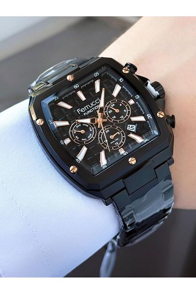Ferrucci Men's Functions Active Square Case Black Color Metal Cord Wrist Watch
