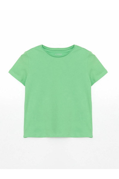 LC Waikiki Green crew neck plain combed cotton girls' t-shirt