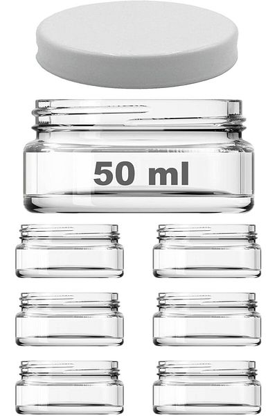 Mena Rise Şirinshop 50 ml Transparent Cream Glass Jar Plastic White Lid 6 Pieces (50 Cc (Cream)) 1108107