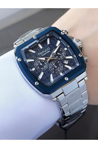 Ferrucci Men's Functions Active Square Case Silver Navy Blue Metal Cord Wrist Watch