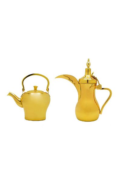 BASURRAH Luxury Dallah and Kettle Set, Shiny Gold, Size 1-1.6 Liters