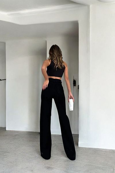 Livik Diana Women's Black Extra High Waist Flexible Waist Pocket Detailed Wide Leg Jeans