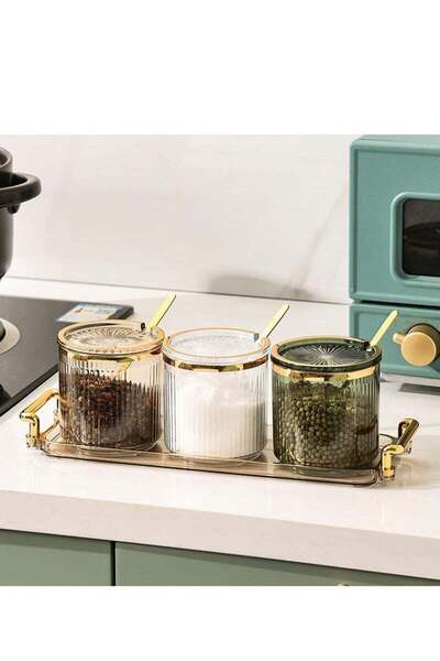 COOYA 3 Pack Clear Acrylic Condiment Spice Jars,Condiment Spice Box With Lids and Spoons and Tray,360ML