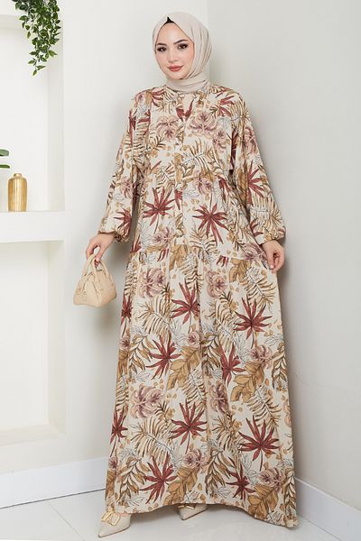 InStyle Mixed Palm Pattern Brown Viscose Dress