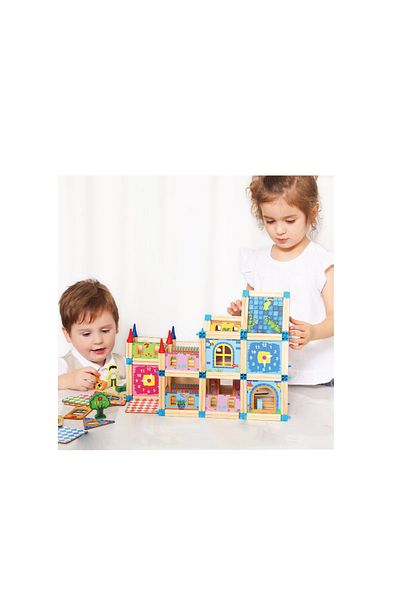 ideal STORE Wooden building blocks set for children PRINCESS CASTLE, Includes 128 elements, Accessorized with blocks