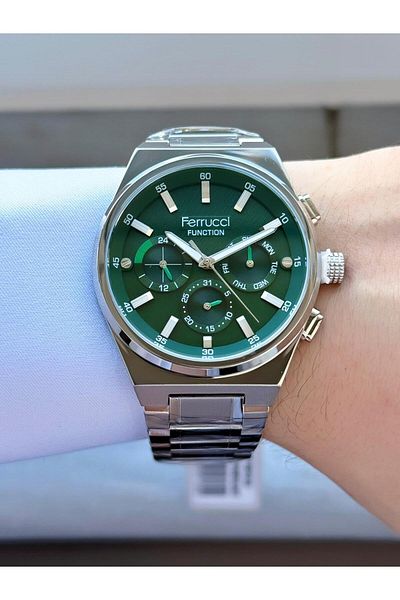 Ferrucci Men's Silver Green Functions Active Metal Cord Wrist Watch