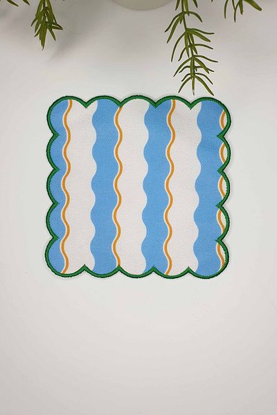 decofav Wave Patterned Blue White Green Embroidery Edge Cocktail Napkin 1 Piece