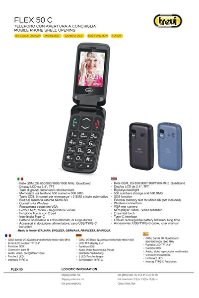 Trevi Telefon seniori cu clapeta Trevi Italia FLX50 butoane mari camera radio difuzor functie SOS