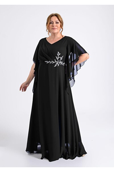 LİLAS XXL 9606 Büyük Beden Mendil Kol Yanı Taş İşleme Uzun Şifon Elbise