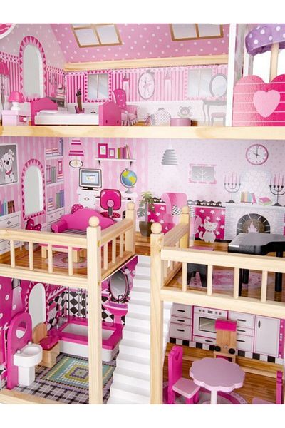 Ecotoys Maryland wooden dollhouse with 3 floors and 5 rooms, LED included, 59x30x90cm