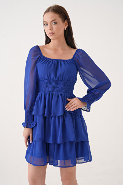 Secret Passion Lingerie Γυναικείο βραδινό φόρεμα από ύφασμα σιφόν με επένδυση Gipe και σχέδιο Saks Blue Mini 078