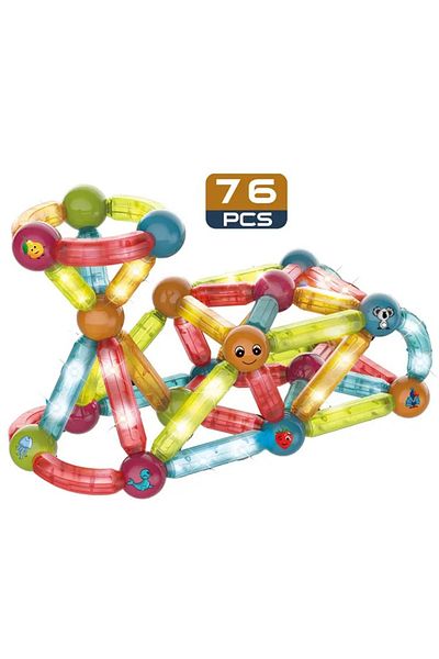ideal STORE idealStore StiksMag Magnetic Blocks, 76 Elements, with Lights, Can Create Multiple Figures and Buildings