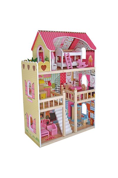 ideal STORE Zenuk Wooden Dollhouse - 3 Floors, LED Lighting, 15 Accessories, 5 Rooms, Size 90 x 59