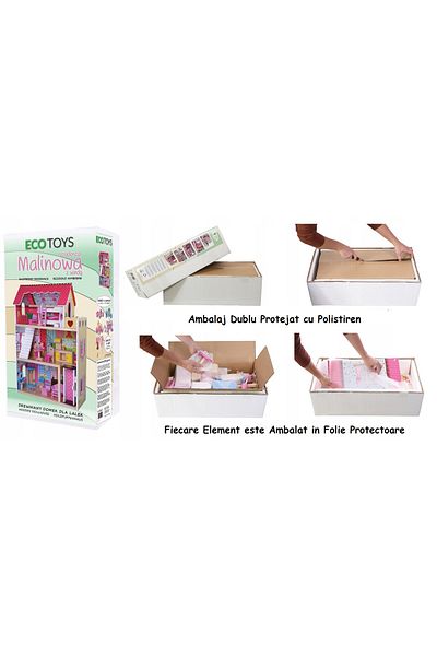 Ecotoys Large Wooden Dollhouse, Raspberry, with Elevator, 16 Furniture Pieces and 2 Dolls, 90 cm