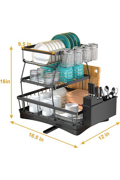 COOYA Kitchen Metal Storage and Organizer Rack with 3 Layers, Tray, 41x30x40cm, Dish Shelf