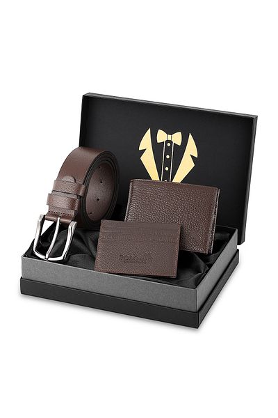 Polo Air Men's Groom Dowry Bundle 100% Genuine Leather Wallet Card Holder Belt Set Brown Color Dm-8002-K