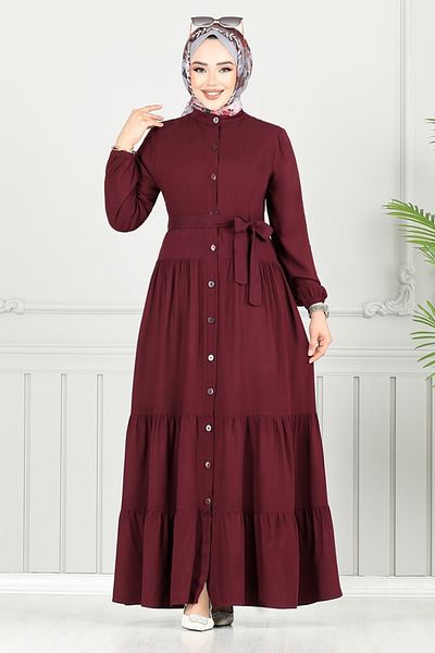 ModaMerve Viscose Dress with Elastic Cuffs 1124Bgs895-M Claret Red
