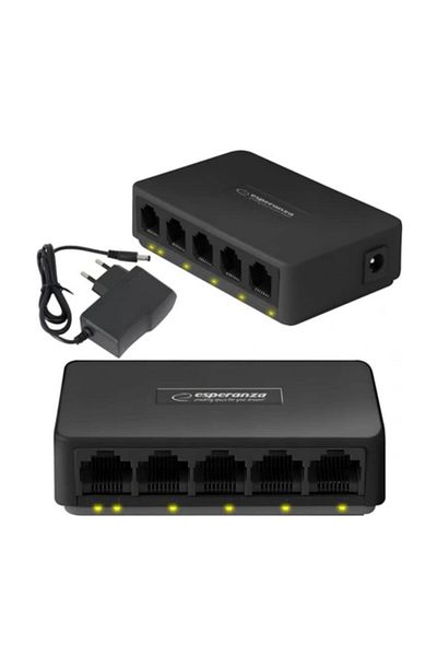 ESPERANZA Switch Ethernet Gigabit cu 5 porturi RJ-45 10/100/1000 Mbps, 5V, cu incarcator, negru