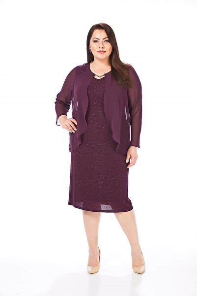 LİLAS XXL 9161 Büyük Beden Tül Kol Detay Simli Kısa Elbise
