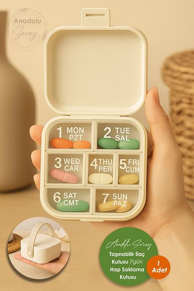 Anadolu Saray Portable 7 Compartment Medicine Box – Pill Storage Box with Weekly Compartments |   Compact, Travel Type
