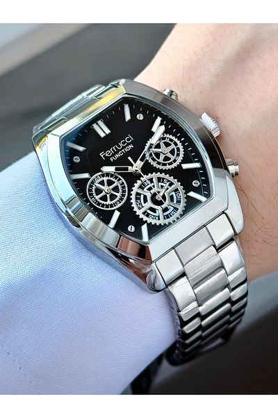 Ferrucci Men's Silver Black Functions Active Geometric Case,Metal Cord Wrist Watch