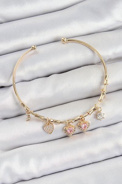 BESKAR Brass Zircon Stone Pink Heart Model Gold Color Charm Bracelet