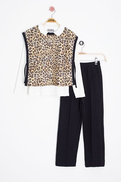Cansın Mini White Leopard Patterned Sweater and Badi Girl's Trouser 3 Piece Set 20690