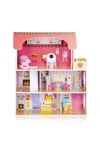 Ecotoys Wooden Dollhouse Toy for Children with 3 Floors, 5 Rooms, RGB LED Lighting with Remote Control