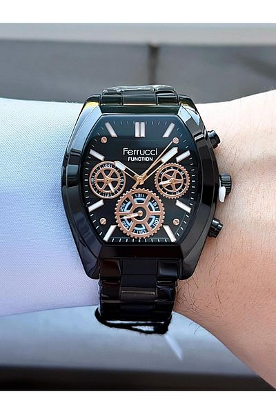 Ferrucci Men's Black Functions Active Geometric Case,Metal Cord Wrist Watch