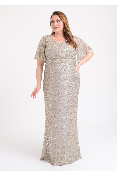 LİLAS XXL 2408 Büyük Beden Vyaka Pulpayet Mendil Kol Uzun Elbise