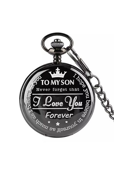JustZEN Vintage Pocket Watch, JustZEN™, Son, with Chain, Black, Quartz, Battery Powered
