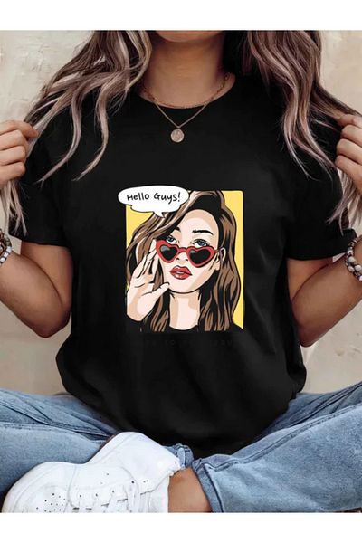 Sarah's Boutique Tricou de damă – 100% bumbac – Imprimeu retro minimalist