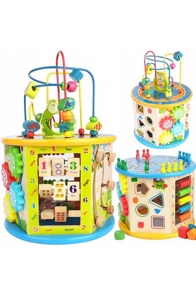 ideal STORE Cub Educativ din Lemn 8 in 1 idealSTORE, Dimensiuni 37 x 25 x 25 cm, Include 6 pereti cu functii si
