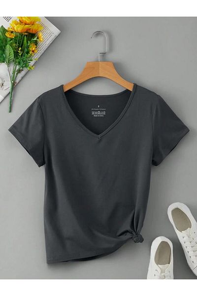 FAVORİST V-Neck (plain Patternless) Basic Cotton T-shirt