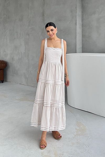 Seda Yalçın Atelier Beige Striped Dress with Tie at the Shoulder