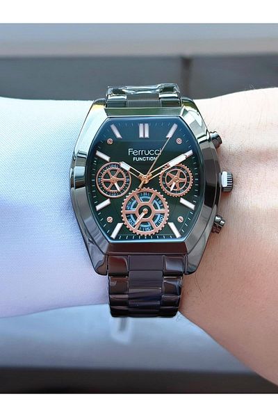 Ferrucci Men's Smoked Functions Active Geometric Case,Metal Cord Wrist Watch