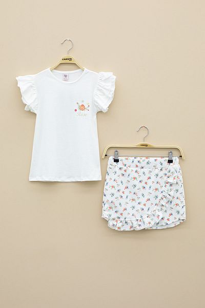 Cansın Mini Ecru Ruffled Sleeves Floral Patterned Shorts Skirt 2 Piece Set 20711