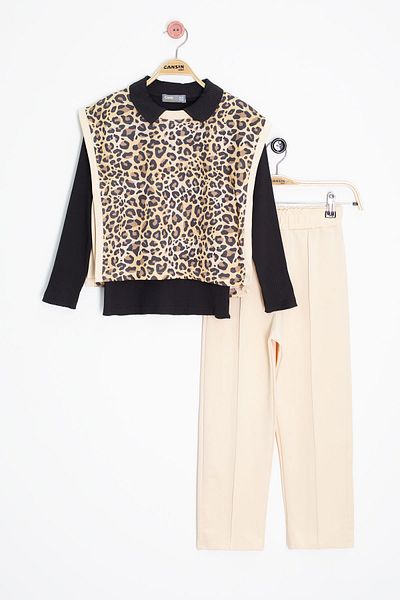 Cansın Mini Κρεμ Leopard Patterned Sweater Badi Girl's Pants 3 τεμαχίων 20665