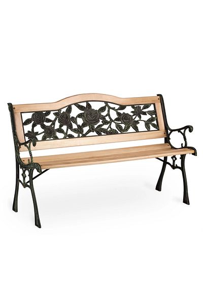 ideal STORE IdealStore Garden Collections Garden Bench, Floral Backrest, Iron Frame, Poplar Wood, Dimensions