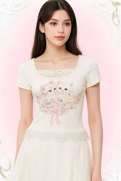 Karakedi Kawaii Cats White Lace Detailed Short Sleeve Blouse