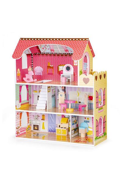 Ecotoys Wooden Dollhouse Toy for Children with 3 Floors, 5 Rooms, RGB LED Lighting with Remote Control