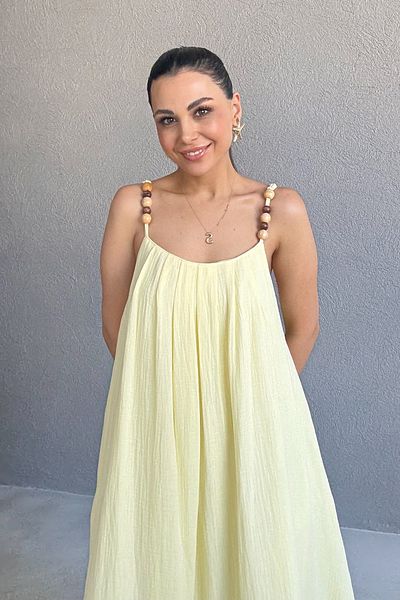 Seda Yalçın Atelier Yellow Beaded Strap Detailed Comfortable Linen Dress