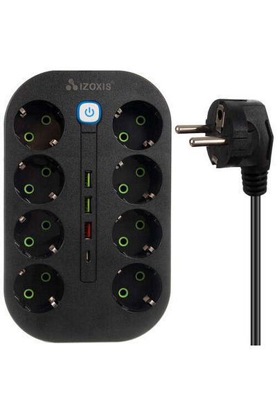 ideal STORE idealSTORE Extension Cord with 8 Sockets, 3 USB Ports and a USB-C Port, Maximum Load 10 A, Cable Length