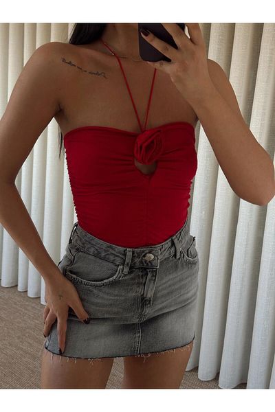mydukkan.co Milla Rose Detail Halter Neck Bodysuit Red