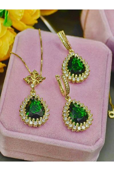 argint 925 MASSIVE EMERALD GREEN STONE NECKLACE AND EARRINGS SET