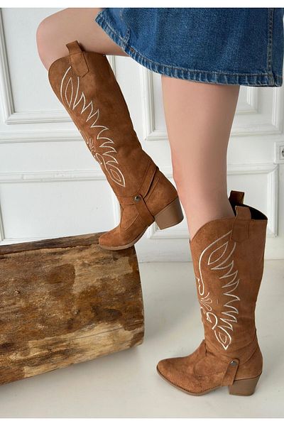 Zerenyus Μακριές μπότες Jilla Brown Suede Snap-on με τακούνι