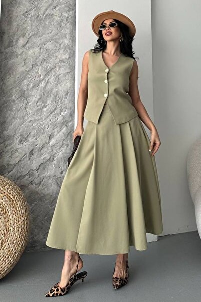 AKD Atelier Kadın İkili Alt Üst Takım Düğmeli Yelek Uzun Çan Etek Takım