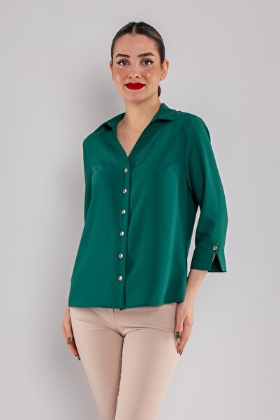 AYHAN 81834 Truvakar Kol Kruvaze Yaka Düğmeli Krep Bluz